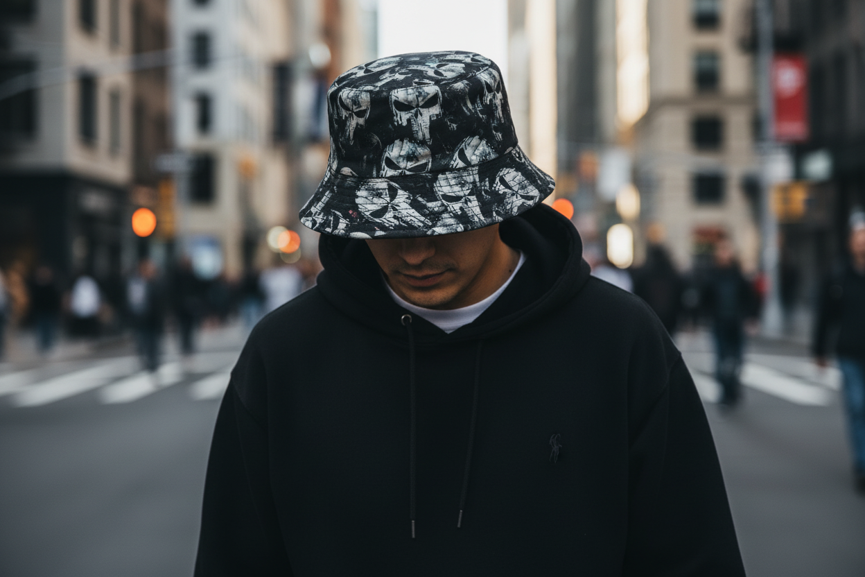 Bucket hat with skull pattern on a white background