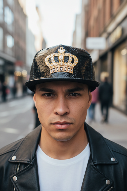 Black snakeskin-patterned cap with a gold crown emblem on a white background