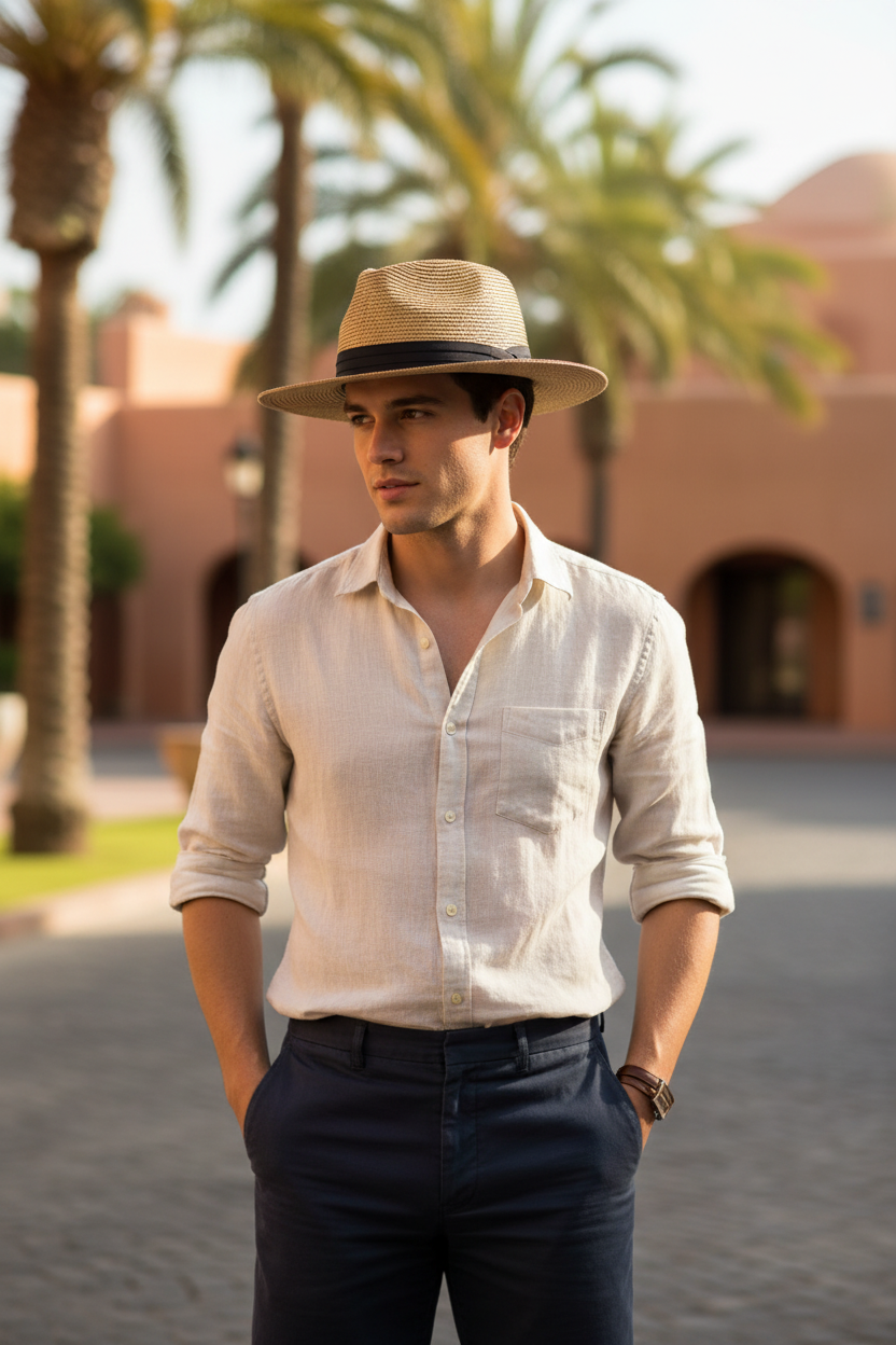 Beige straw hat with a black band on a white background