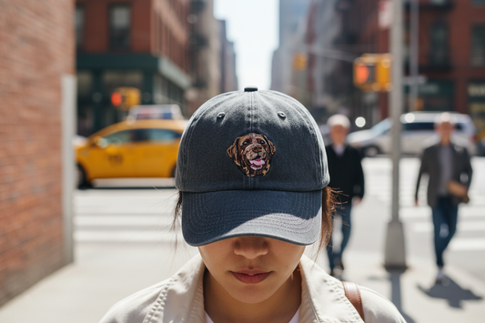 Gray cap with a rose emblem on a wooden surface