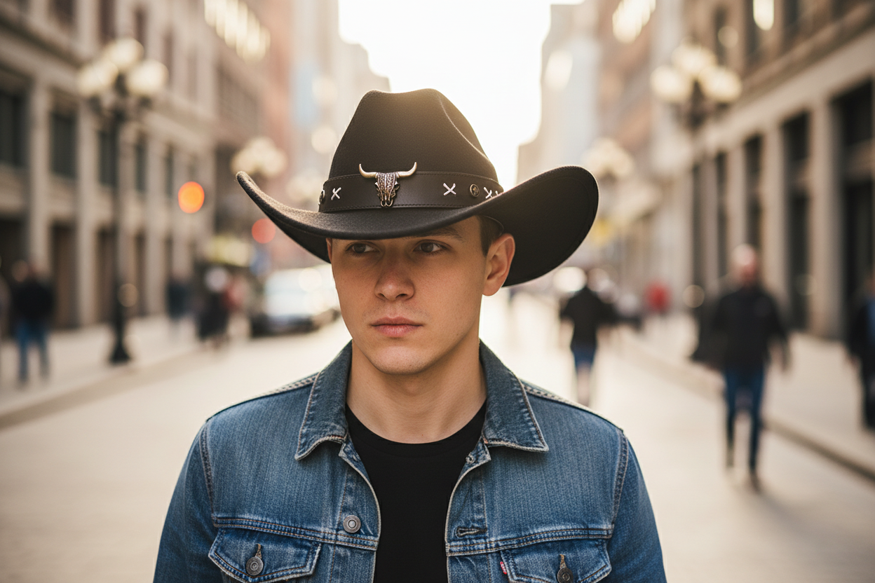 A brown western style hat with a decorative strap featuring a bull standard design.