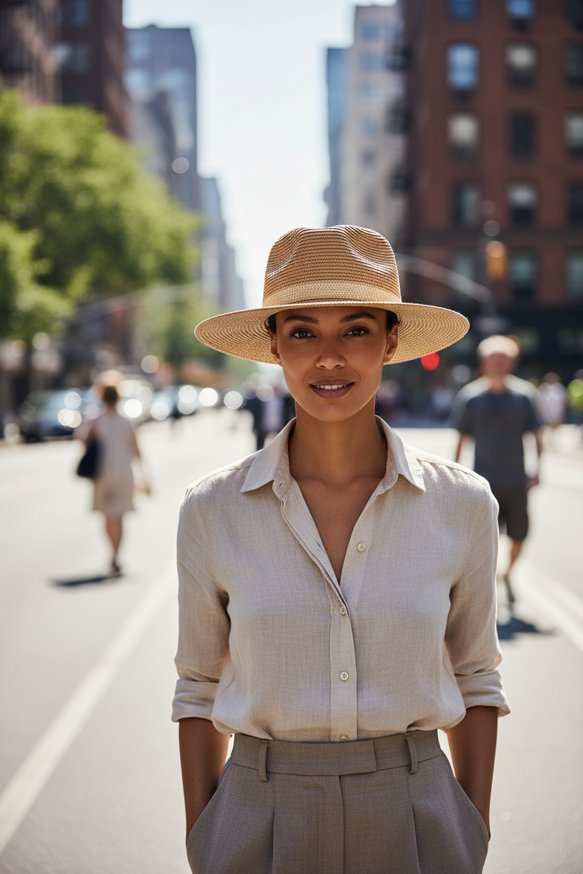 Beige straw hat with a white band on a white background