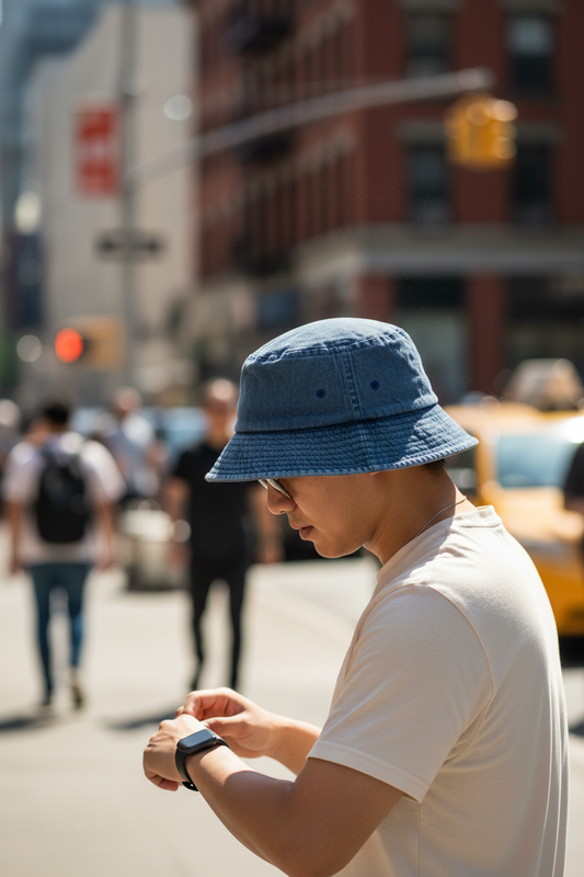 Blue bucket hat on a white background
