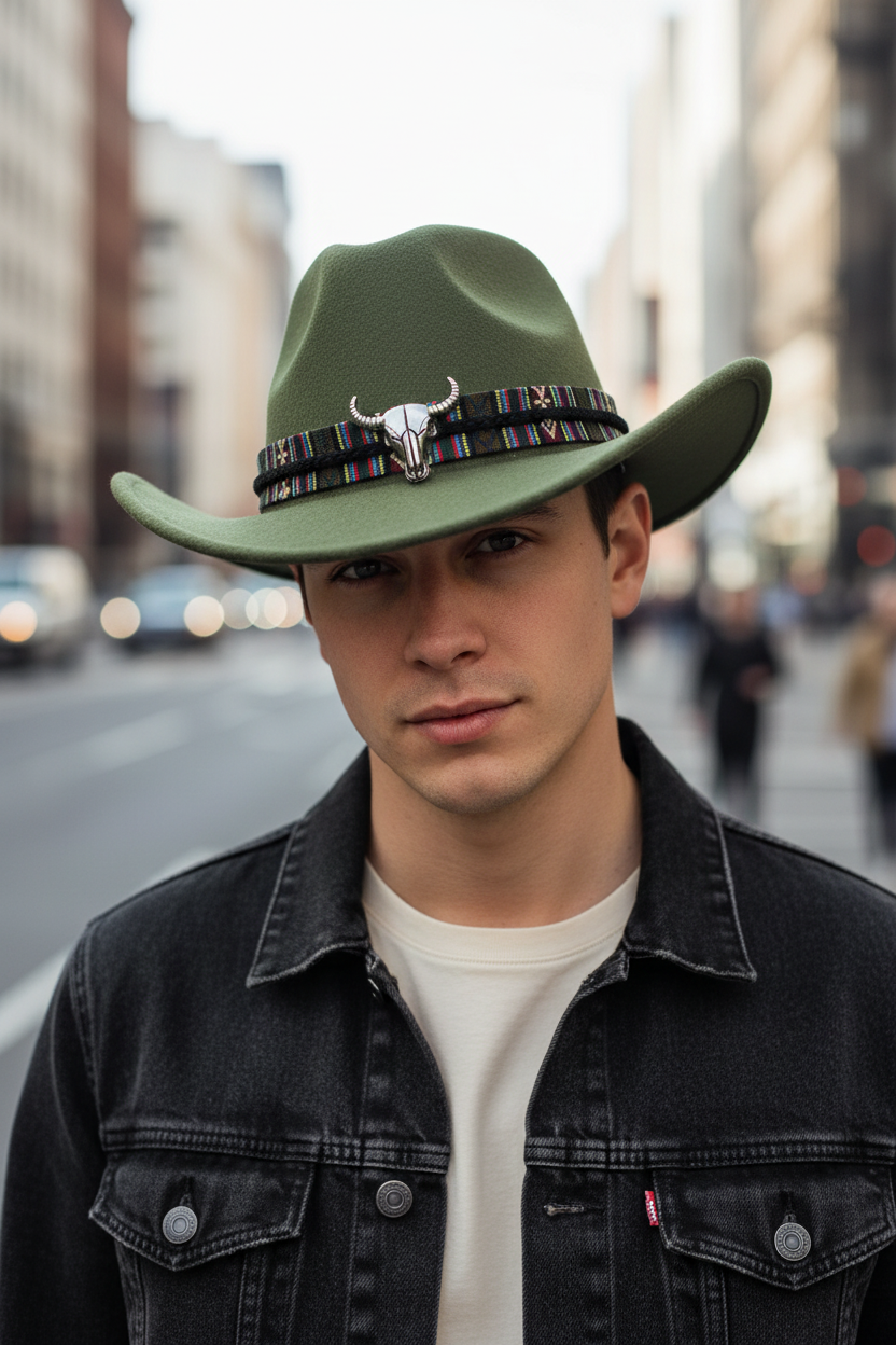 Green cowboy hat with a decorative band featuring a bull skull design on a white background