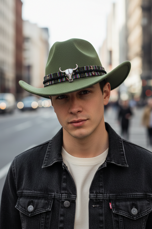 Green cowboy hat with a decorative band featuring a bull skull design on a white background
