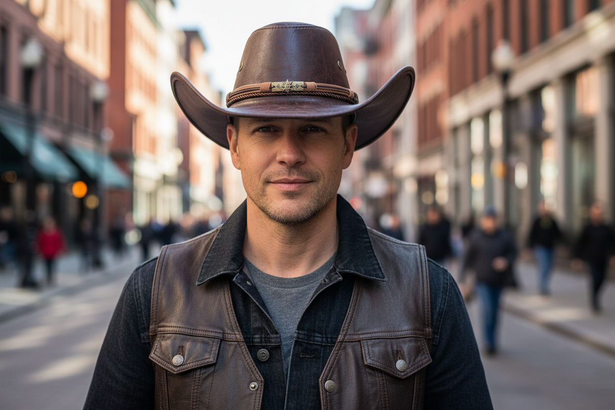 Brown leather cowboy hat with decorative band on a white background