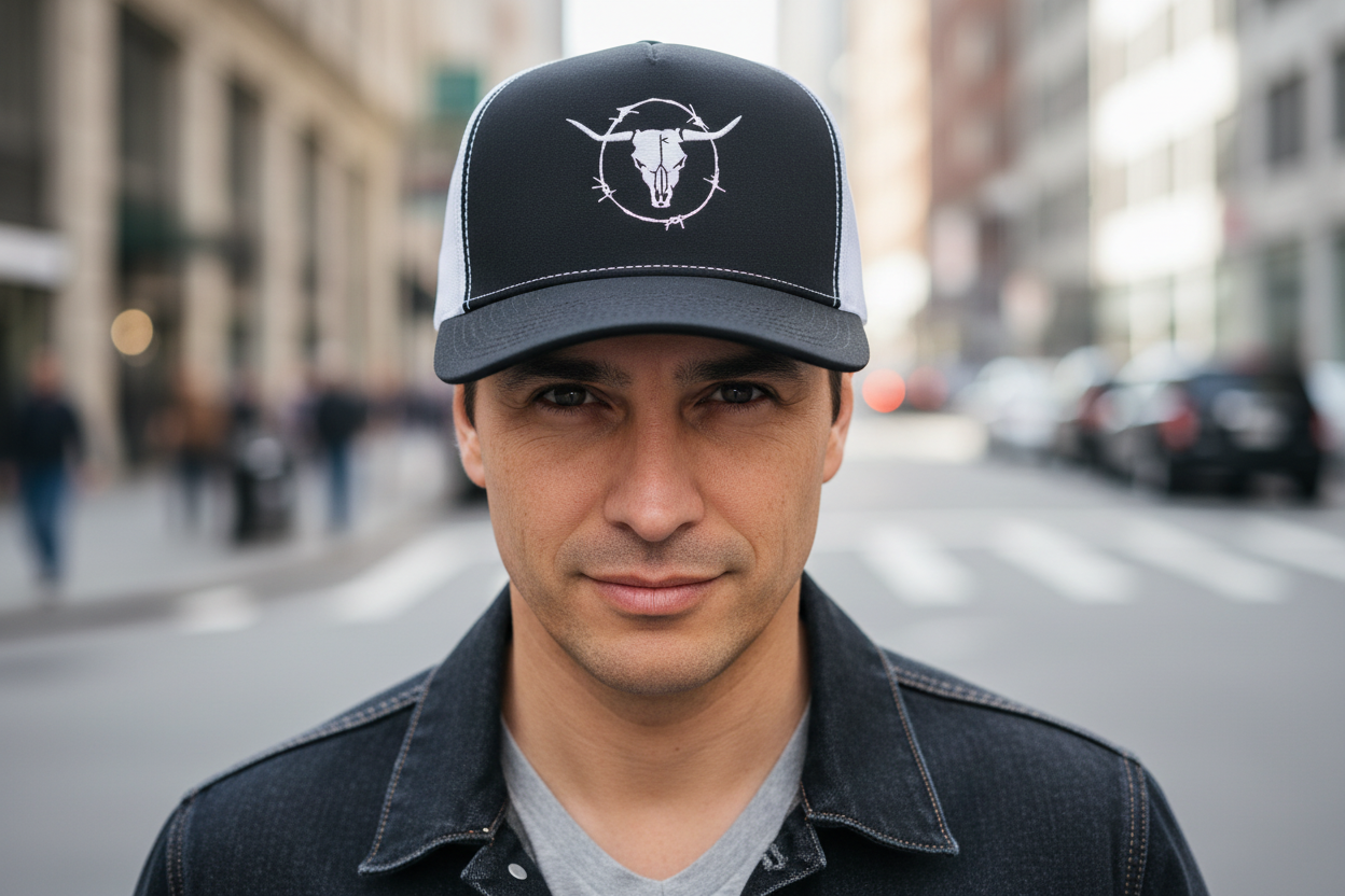 A collection of baseball caps in various colors, featuring a printed cow head design on the front.
