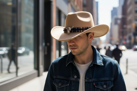 A white cowboy hat with a decorative band featuring a metallic emblem and a fabric stripe.