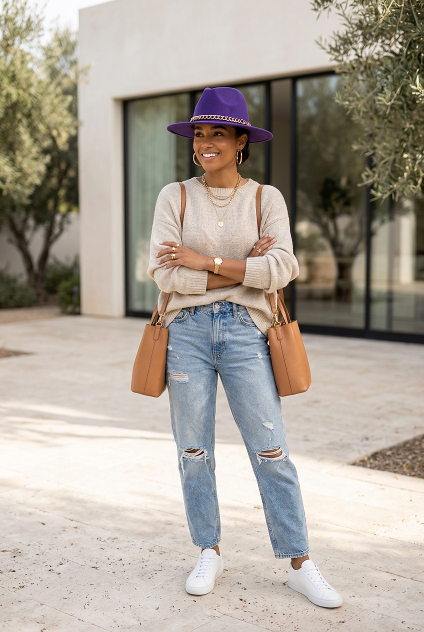 Florence Wool Felt Fedora with Chain, Flat Brim, Leopard Detail