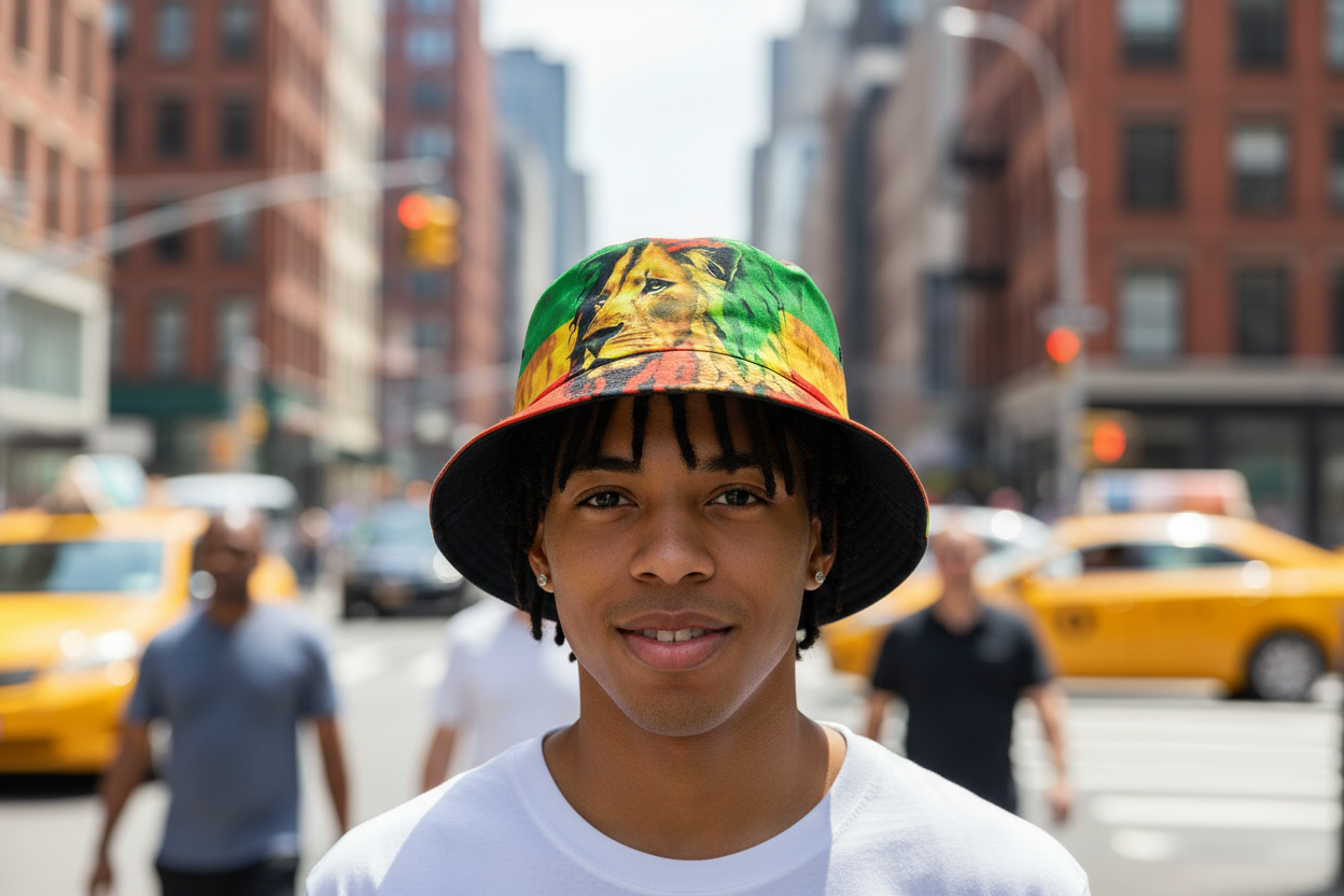 A bucket hat with a colorful pattern featuring a lion's face on a red, yellow, and green background.
