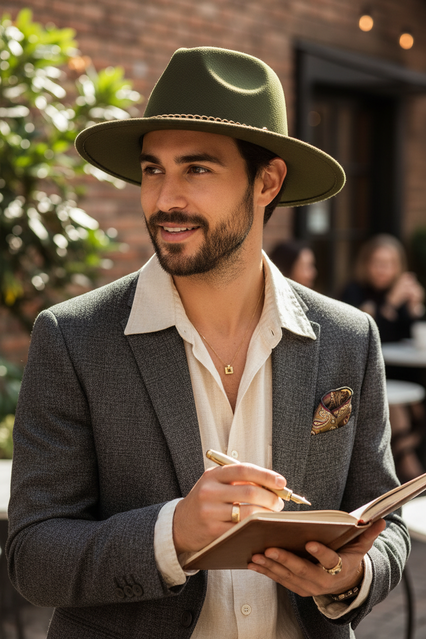 Florence Wool Felt Fedora with Chain, Flat Brim, Leopard Detail