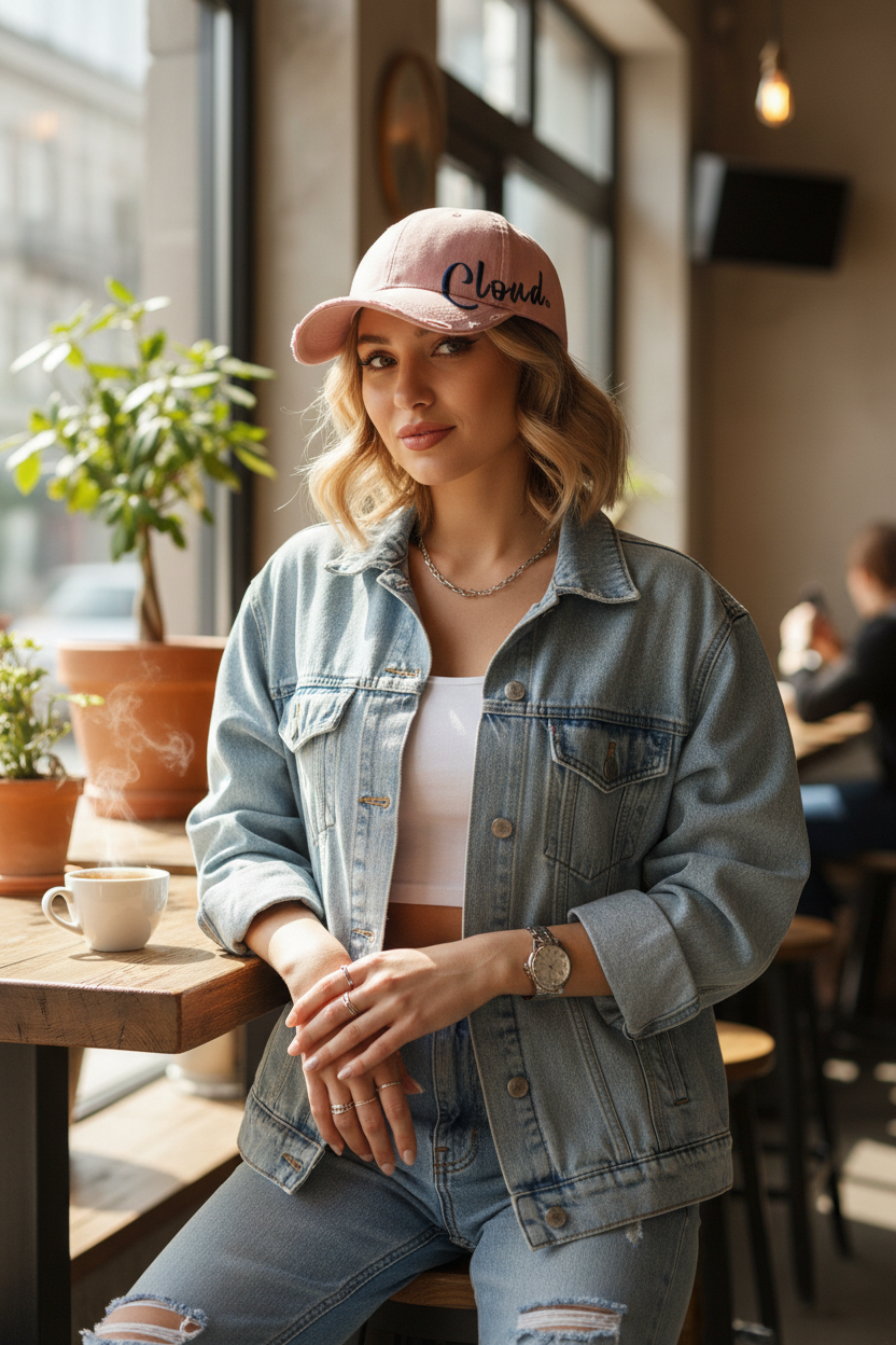 Cloud Embroidered Cotton Peaked Baseball Cap, Adjustable