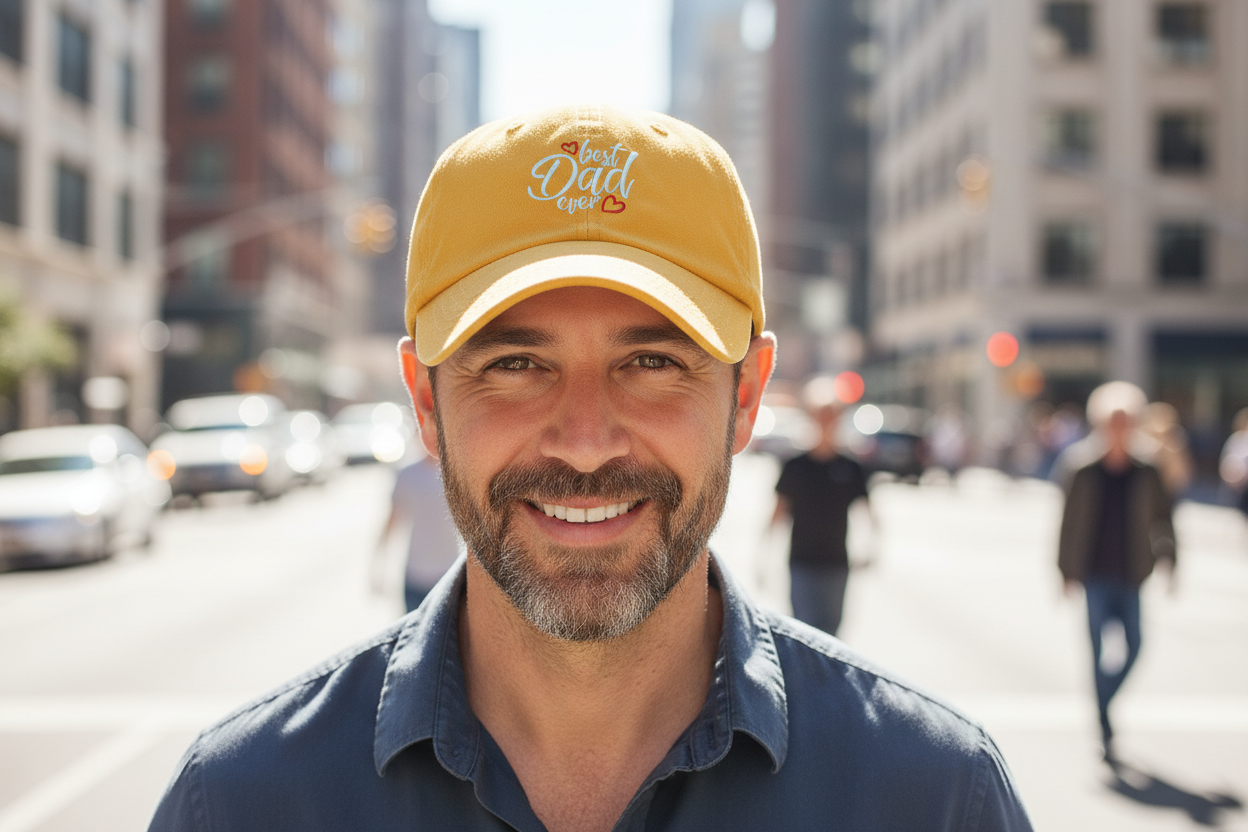 Yellow cap with 'best dad ever' text and hearts on a white background