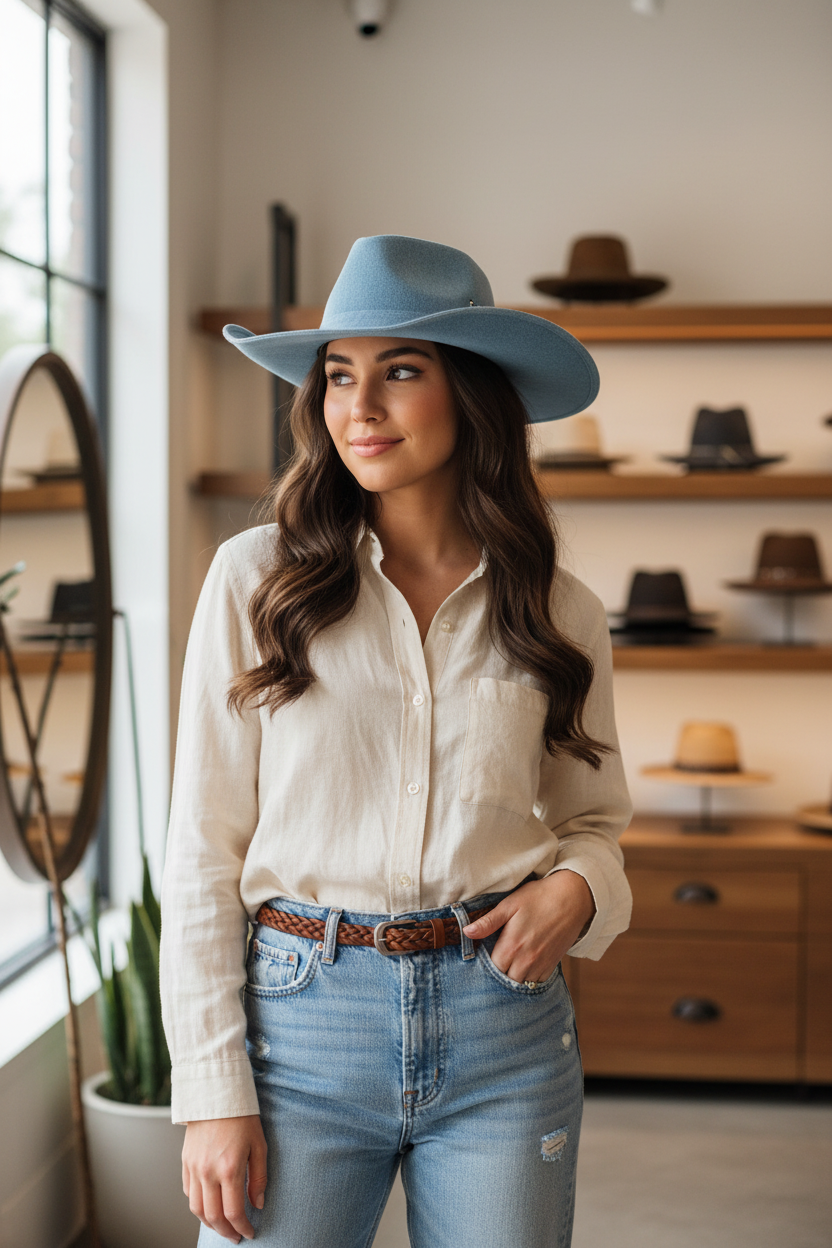 Morton Curved Edge Leather Velvet Western Cowboy Hat