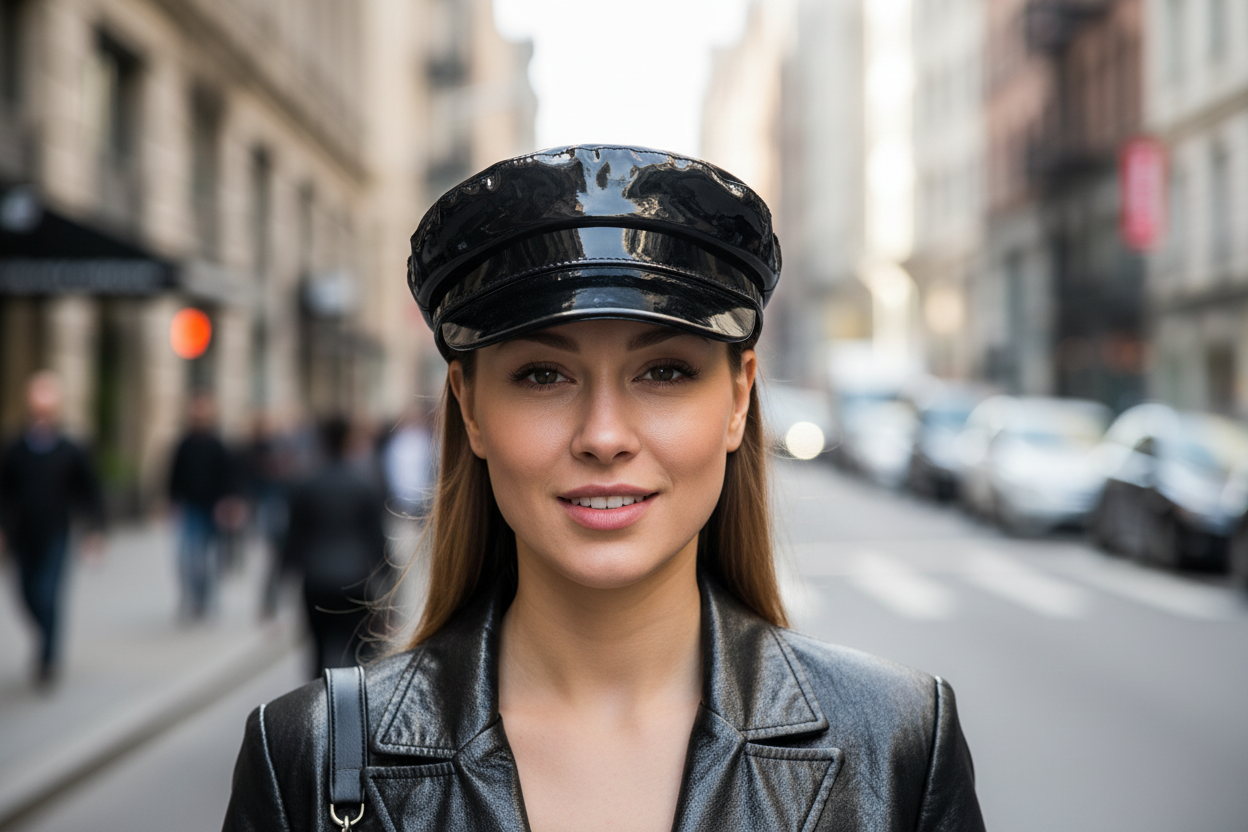 Black patent leather visor cap on a white background