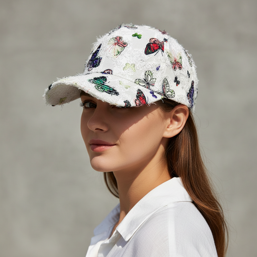 A collection of baseball caps for women with printed designs, featuring butterflies and other floral patterns, displayed in black, white, and light green colors.