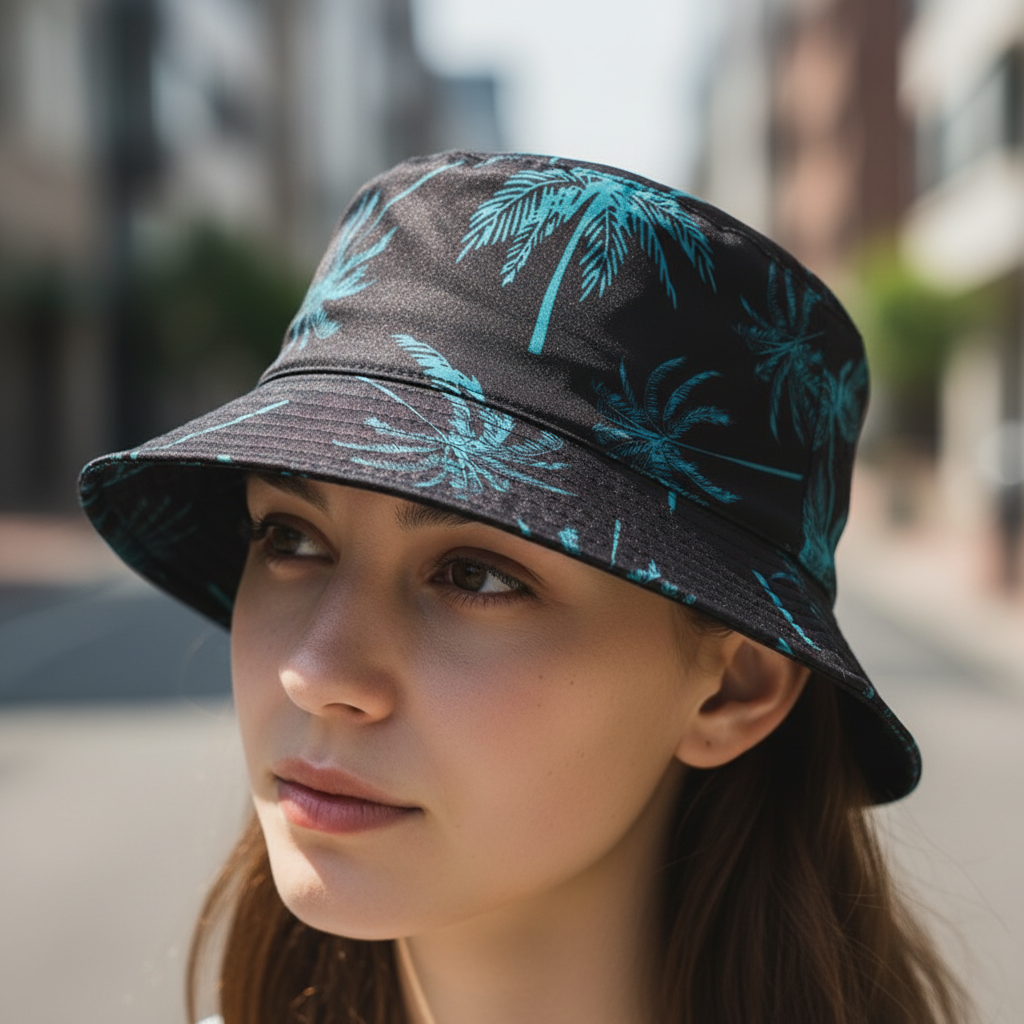 Two bucket hats with coconut tree printing, one displayed inside the other, in black, white, and blue color combinations.