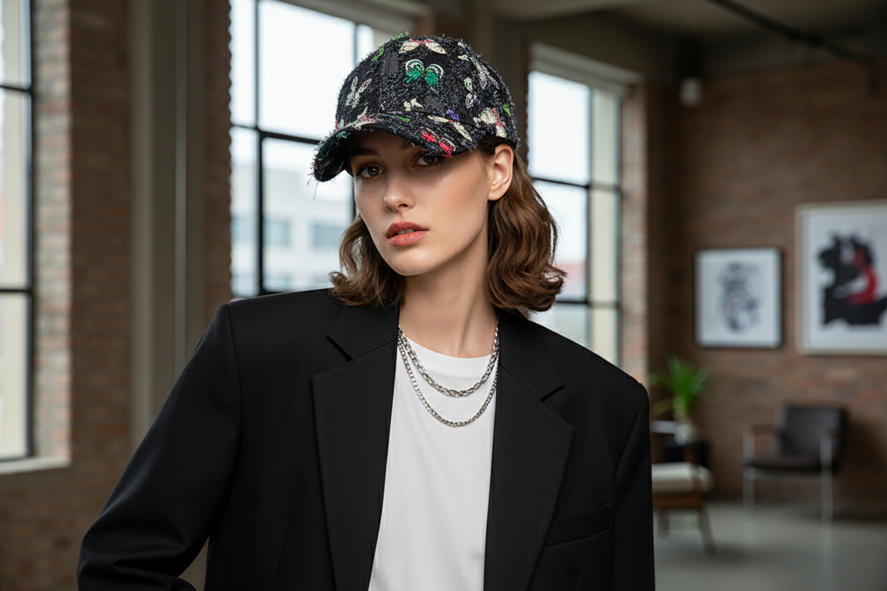 A collection of baseball caps for women with printed designs, featuring butterflies and other floral patterns, displayed in black, white, and light green colors.