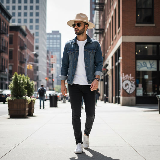 A collection of broad-brimmed hats in various solid colors, featuring a white hat with a gold chain around the base.