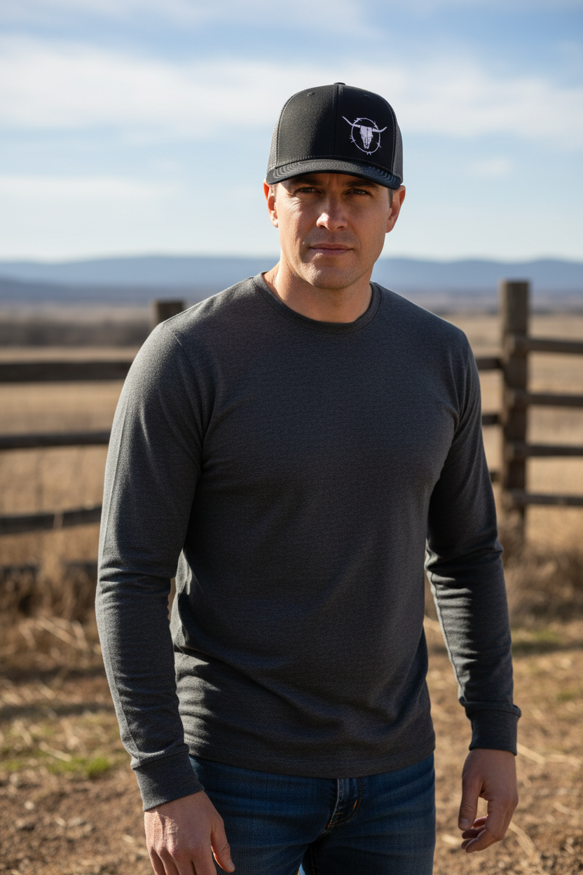 A collection of baseball caps in various colors, featuring a printed cow head design on the front.