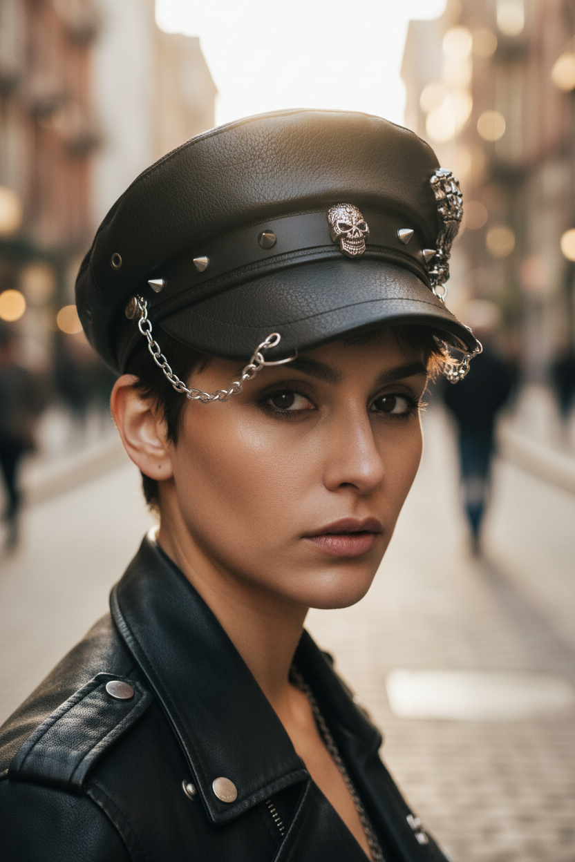 Black leather cap with skull and hand design on a white background