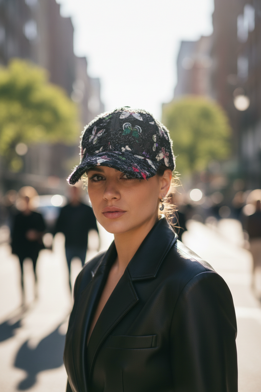 Black cap with colorful butterfly patterns on a white background