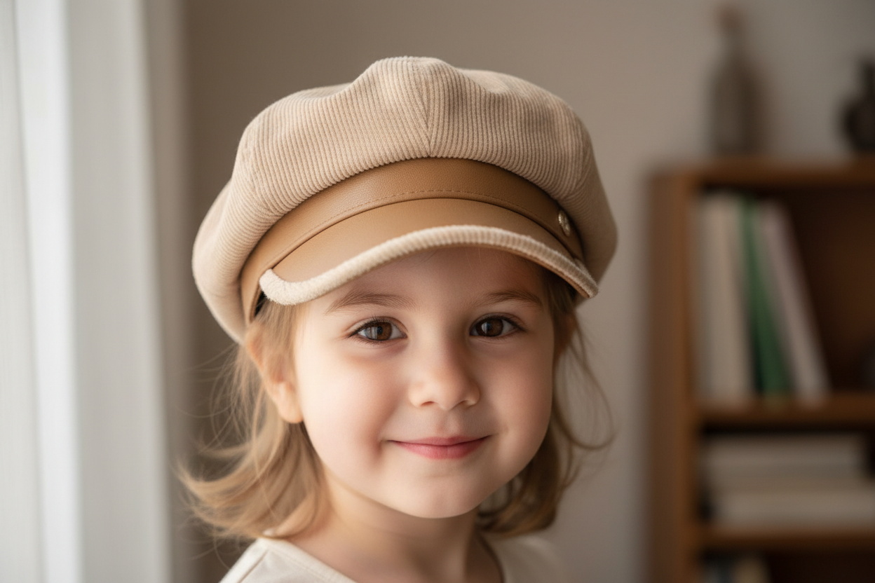 A child wearing a beige and brown beret with a leather band.