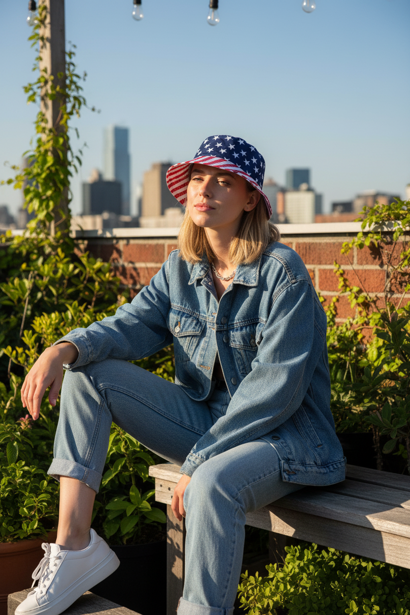 American Flag Polyester Bucket Hat – Dark Navy Blue