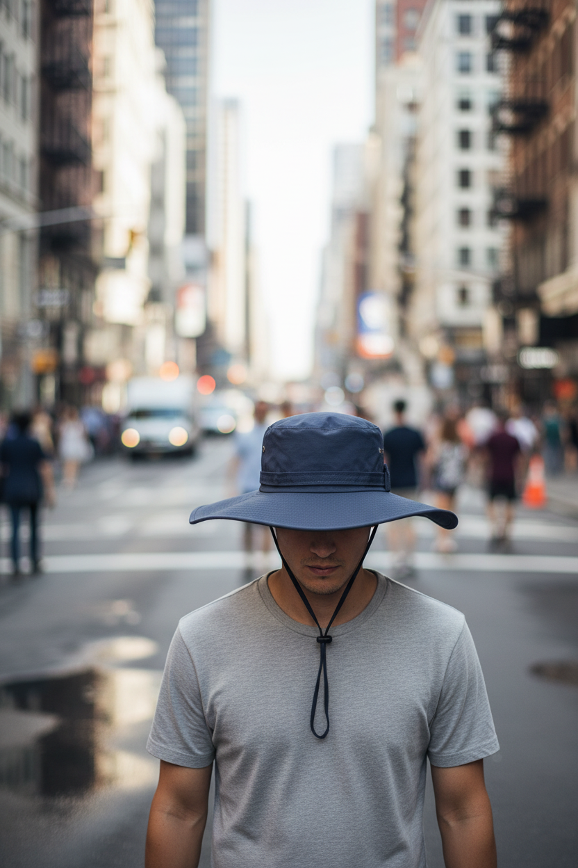 Navy blue wide-brimmed hat with chin strap on a white background