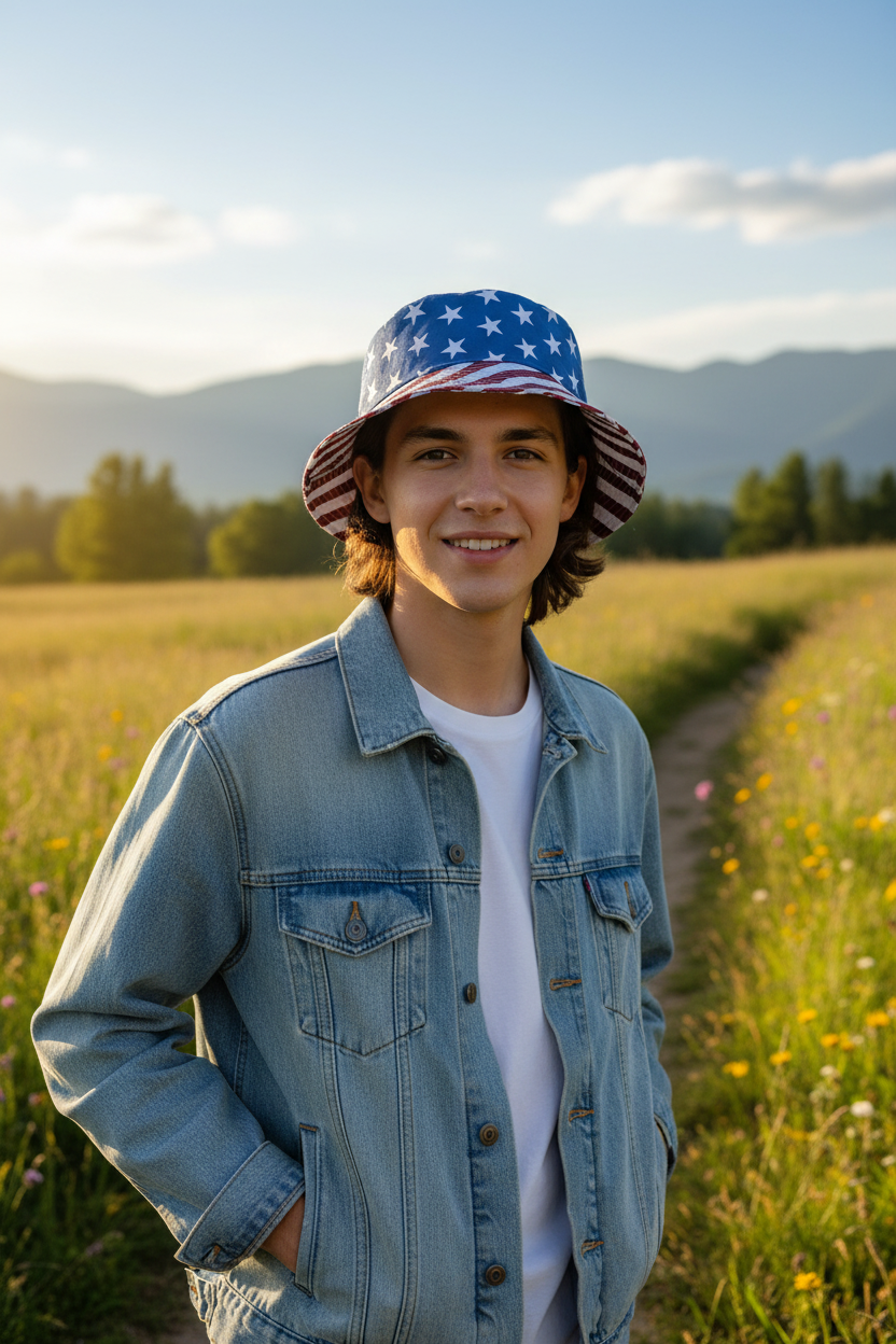 American Flag Polyester Bucket Hat – Dark Navy Blue