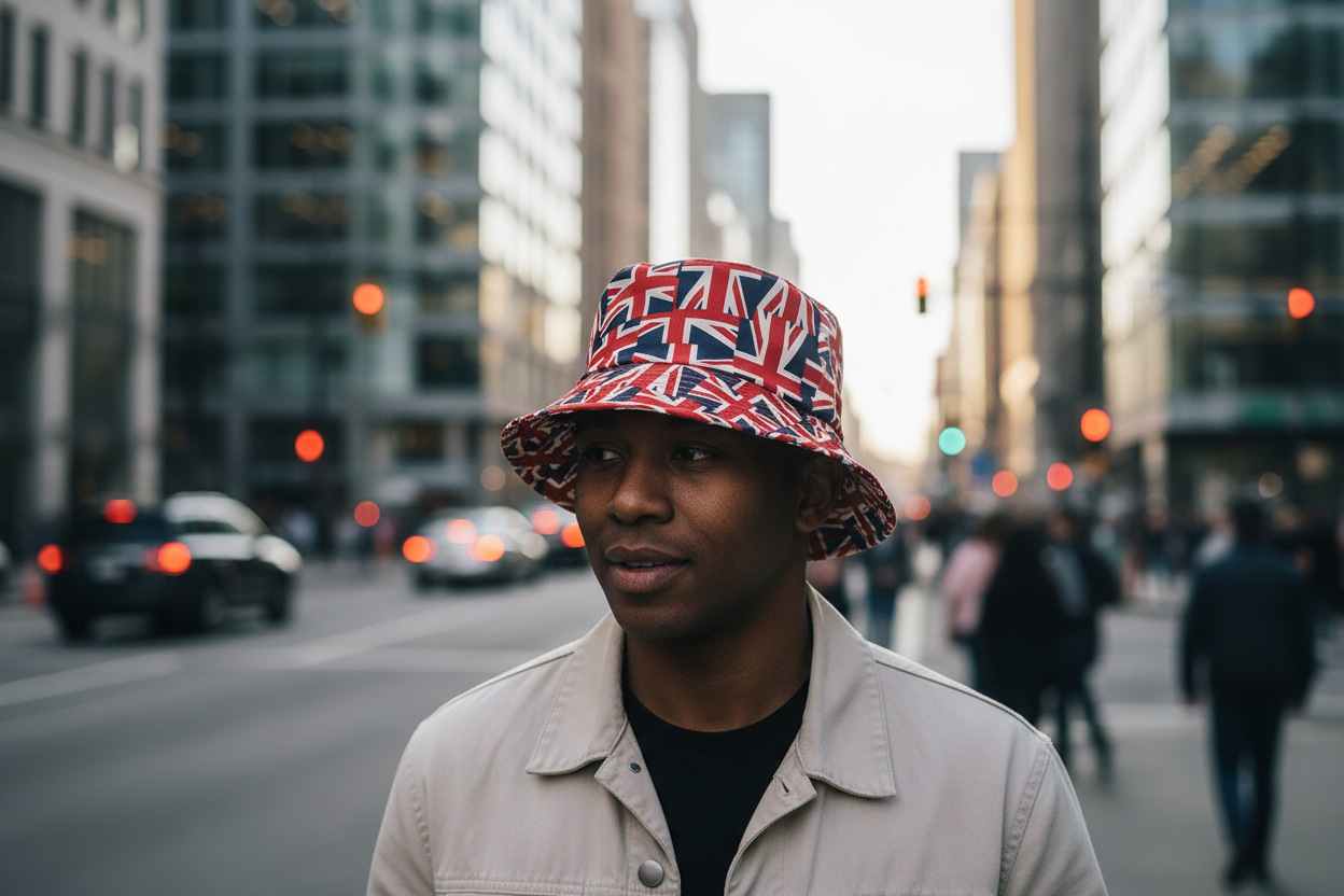 Bucket hat with Union Jack pattern on a white background