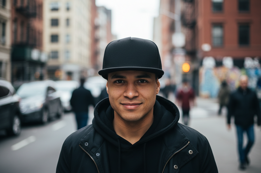 Black baseball cap with leather brim on a white background