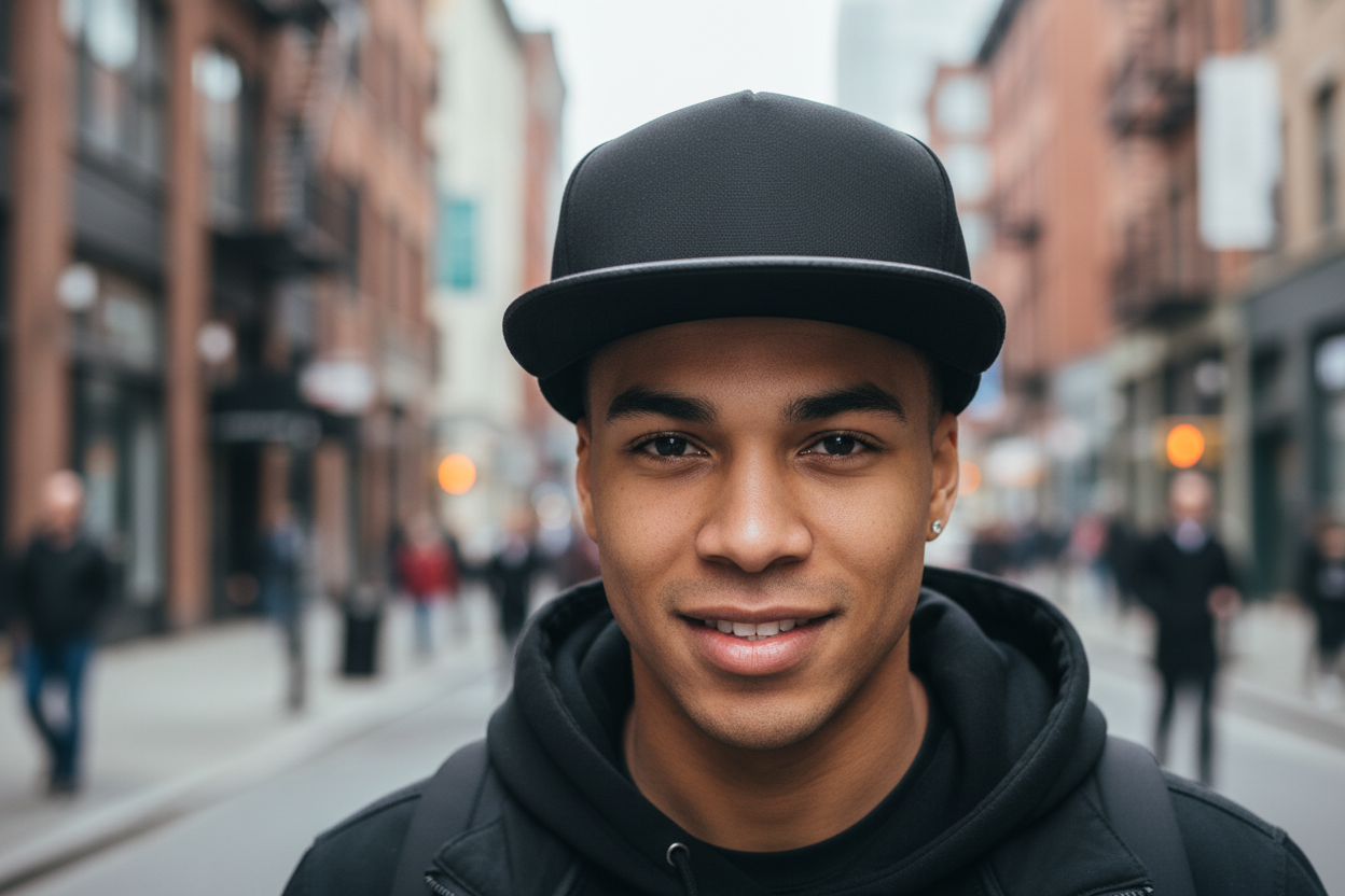 A black flat brim baseball cap with a dome crown and a visor.