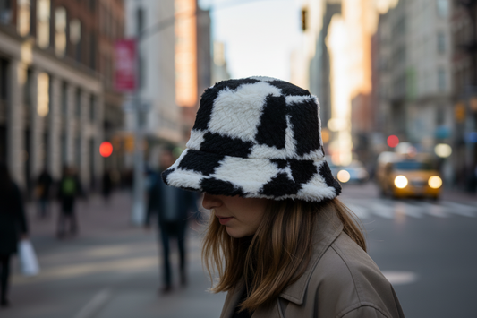 Black and white checkered bucket hat on a white background