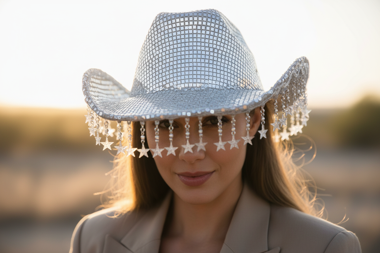 Silver mesh cowboy hat with fringes on a white background