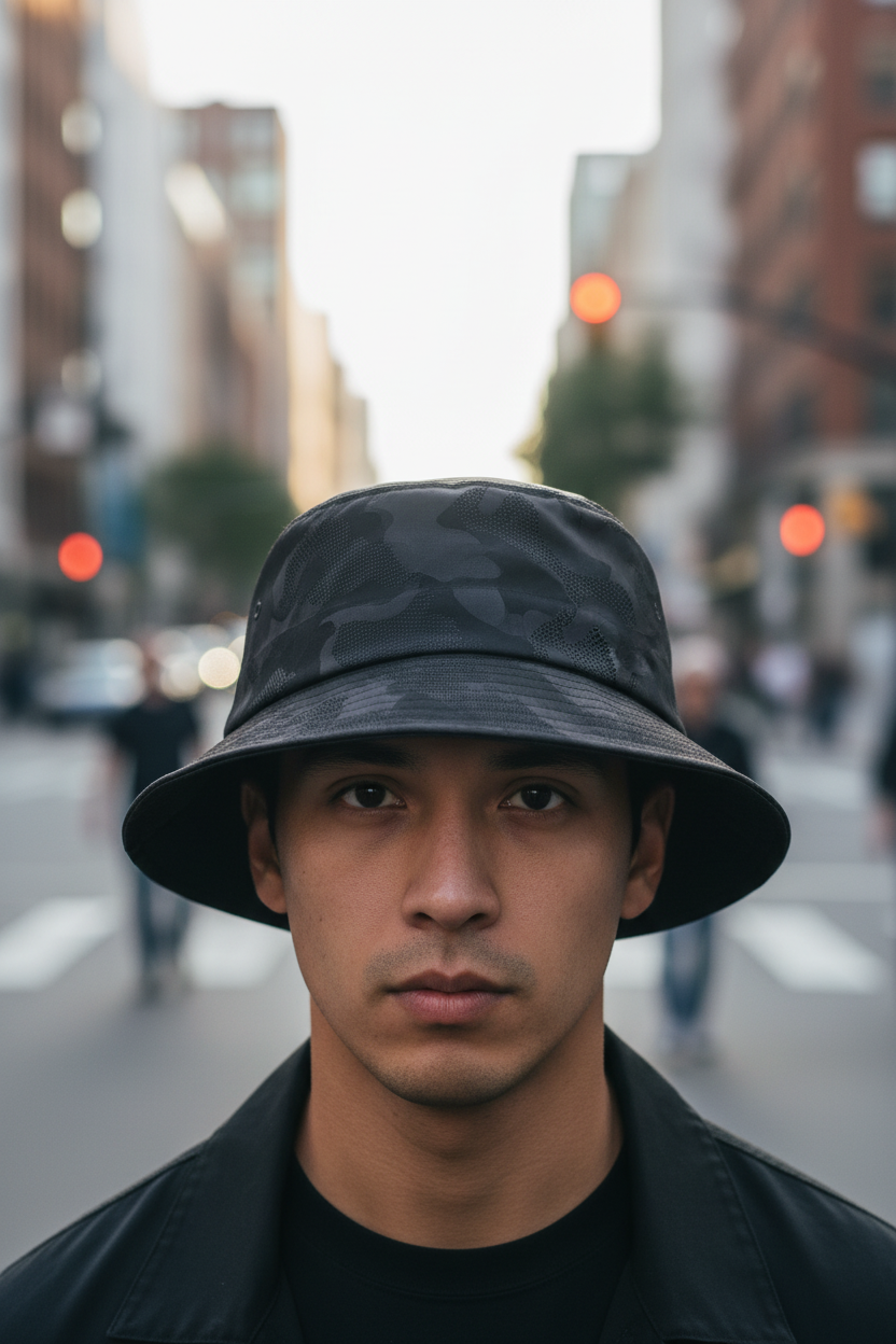 A black camouflage patterned bucket hat.