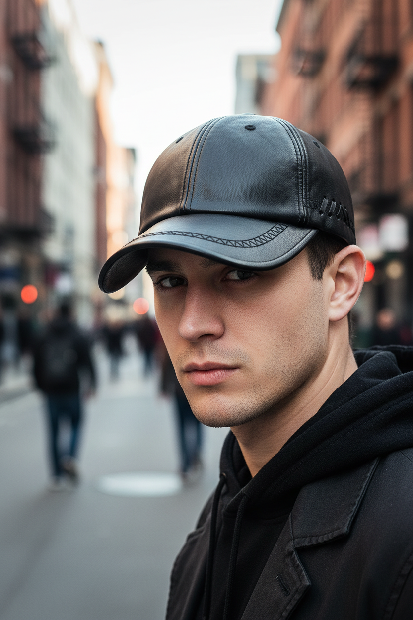 Black leather baseball cap on a white background