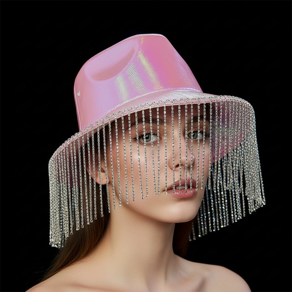 Iridescent pink hat with fringe on a black background