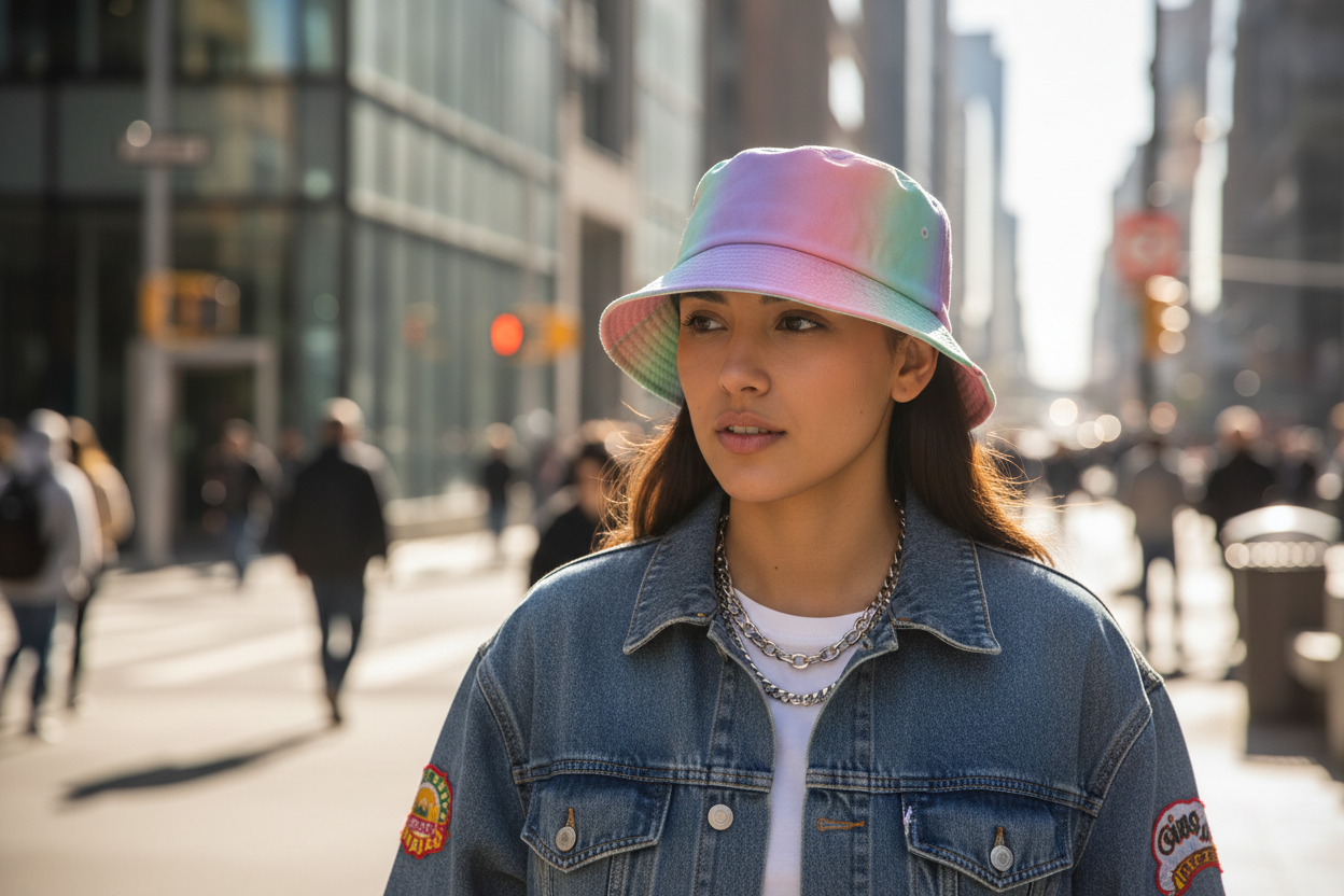 Multicolored bucket hat on a light gray background