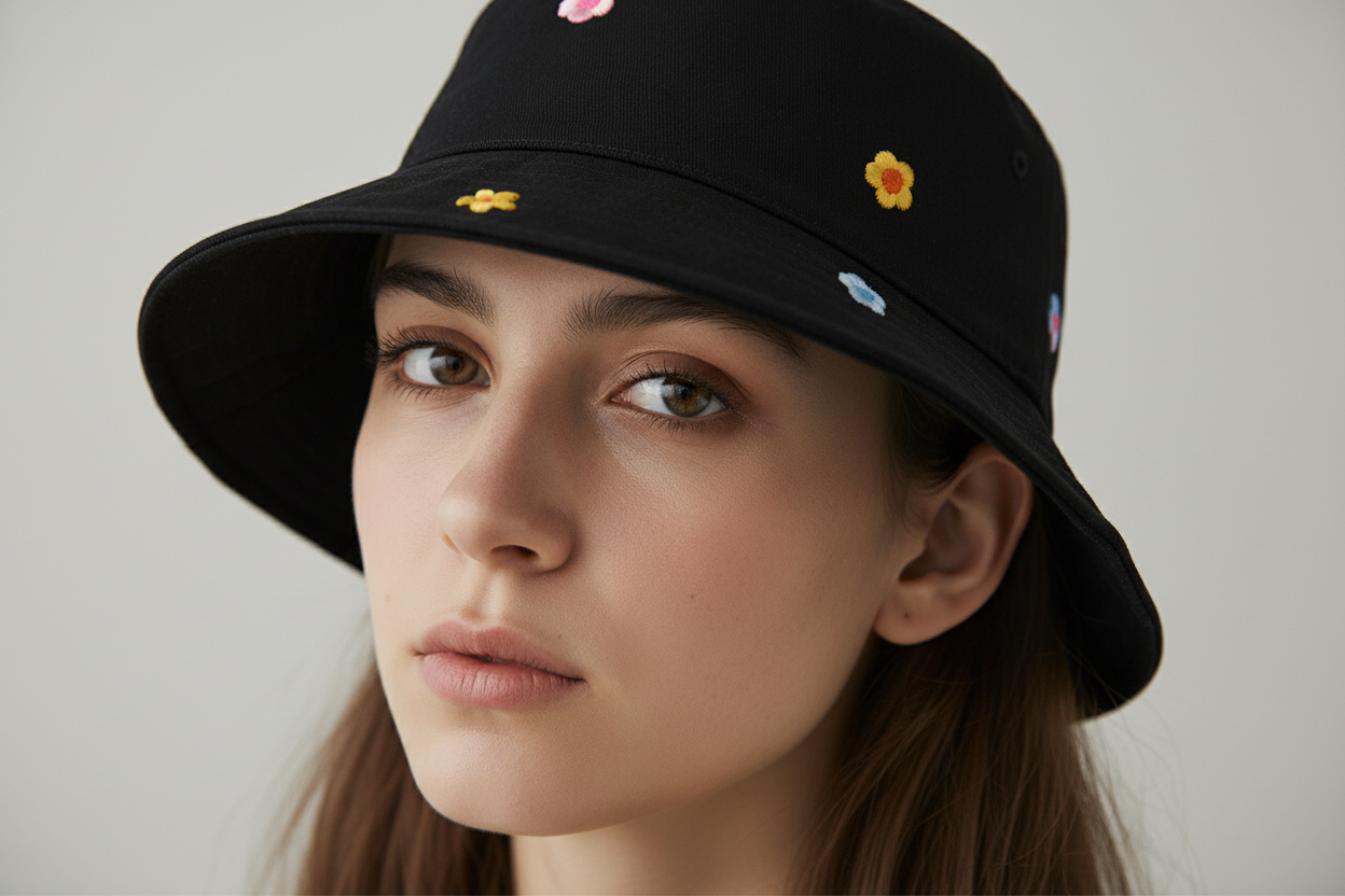 A collection of bucket hats in various colors, each featuring floral embroidery on the front.
