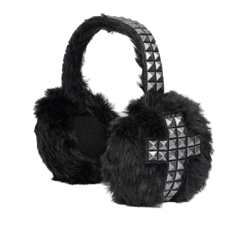 Rhinestone Earflap Hat with Faux Fur – Black