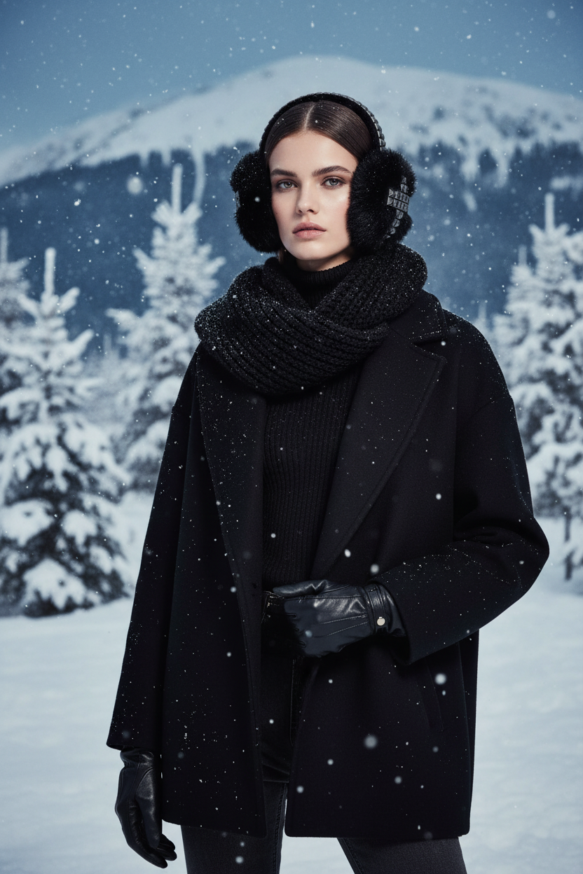 Rhinestone Earflap Hat with Faux Fur – Black