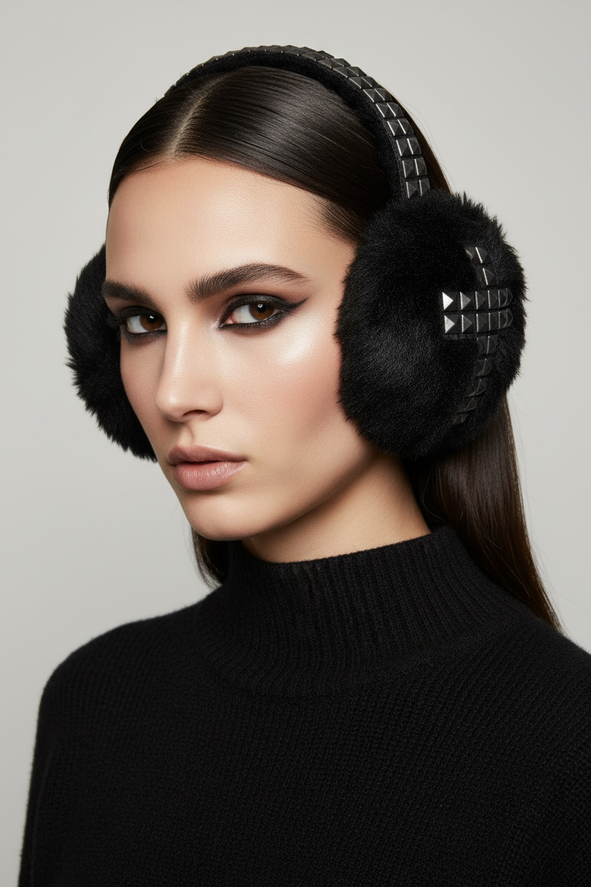 Rhinestone Earflap Hat with Faux Fur – Black