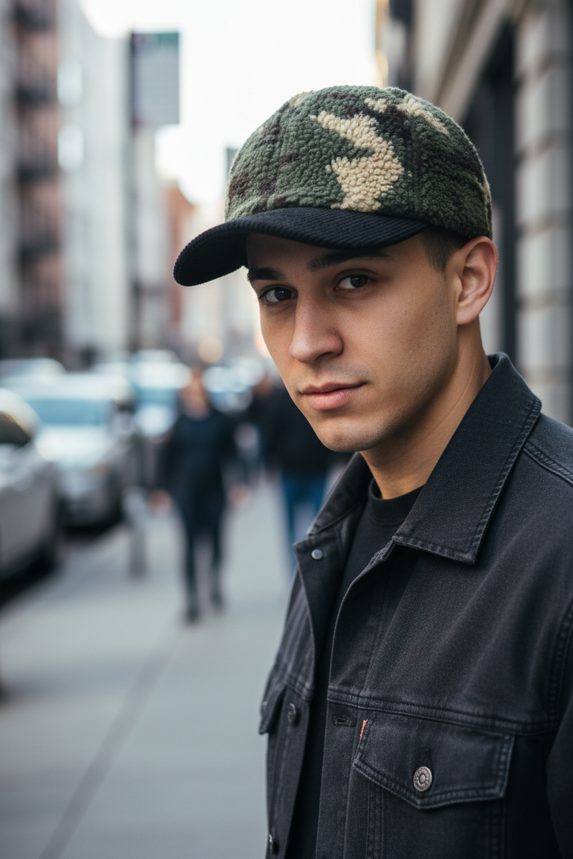 A collection of baseball caps with camouflage patterns in various colors, displayed in a stacked arrangement.