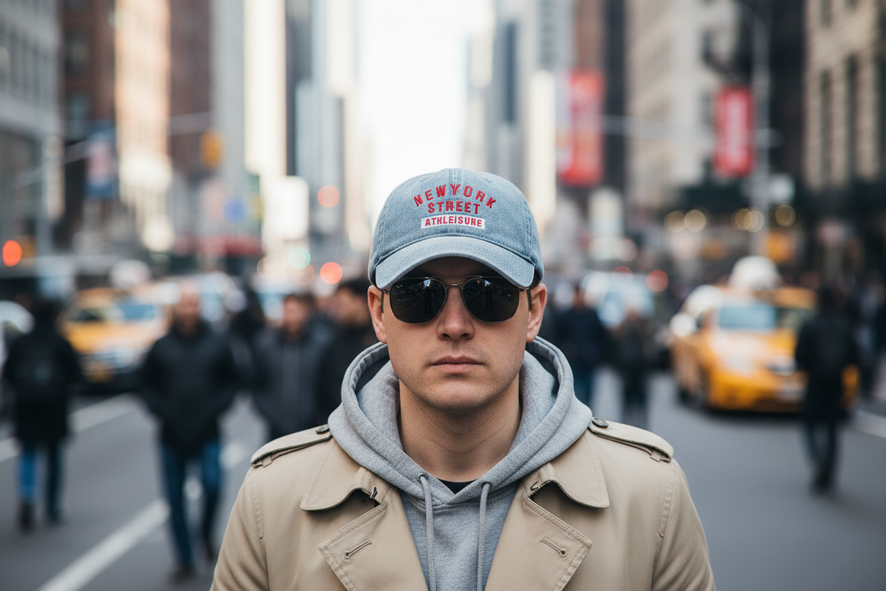 Light blue denim cap with red and white text on a light gray background