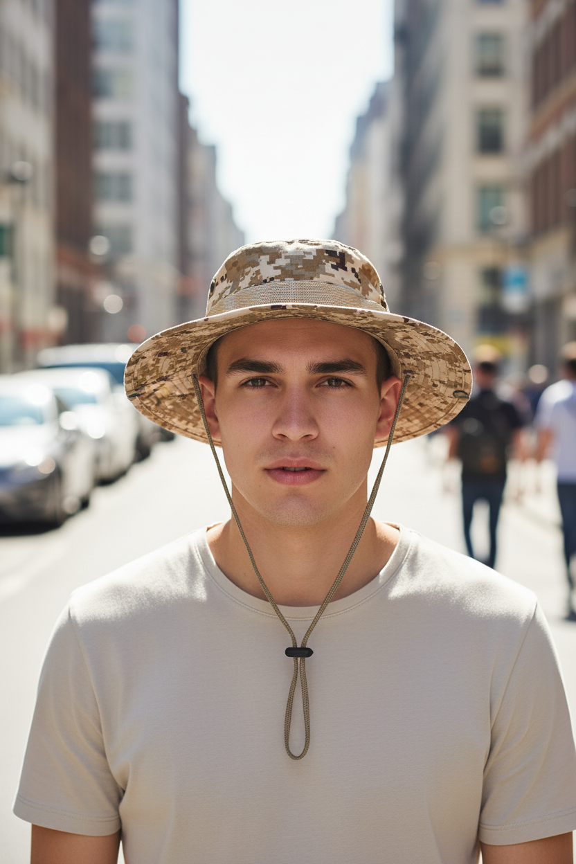 Camouflage hat with a chin strap on a white background