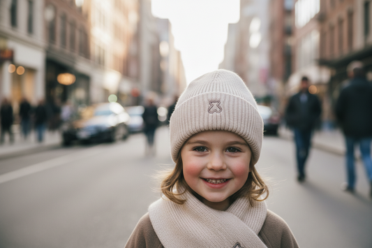 Set of three knit hats and scarves in beige, brown, and dark brown on a white background.