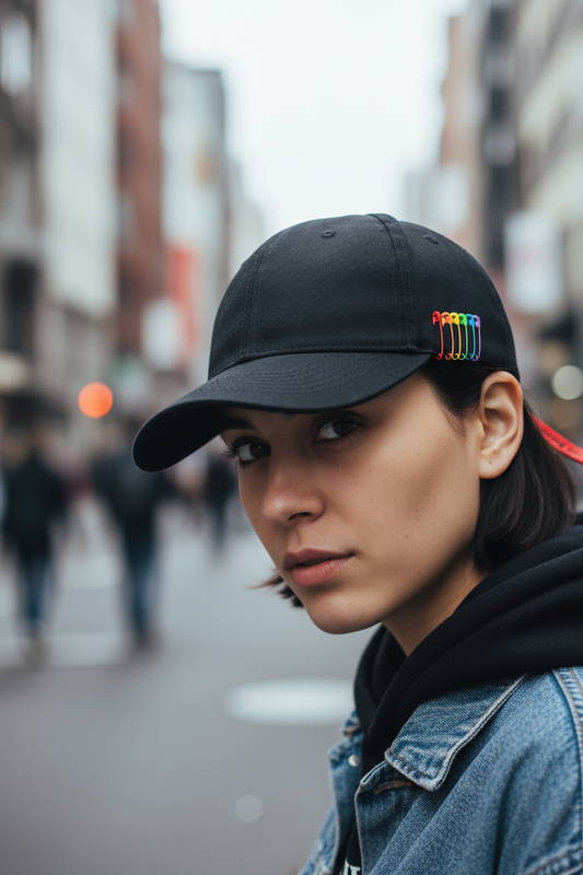 Black cap with colorful pins and a red strap on a white background