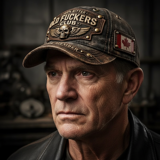 Denim cap with 'Old Fuckers Club' and skull design on a dark background
