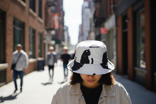 White bucket hat with black cat designs on a white background